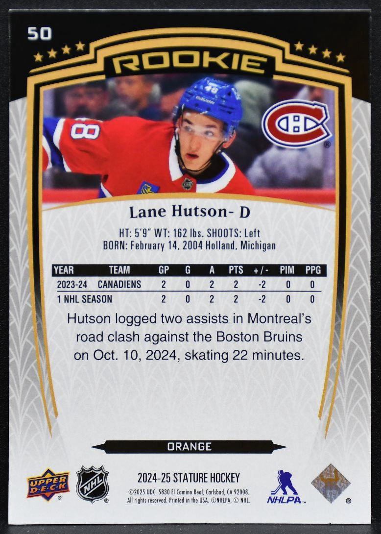 2024-25 UD Stature Rookie Orange Lane Hutson 50 Canadiens RC 052/199 5347