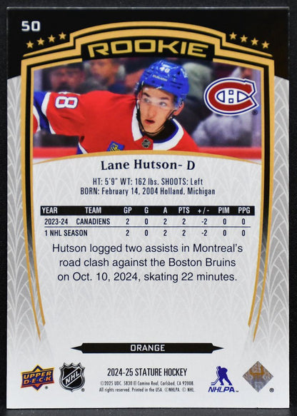 2024-25 UD Stature Rookie Orange Lane Hutson 50 Canadiens RC 052/199 5347