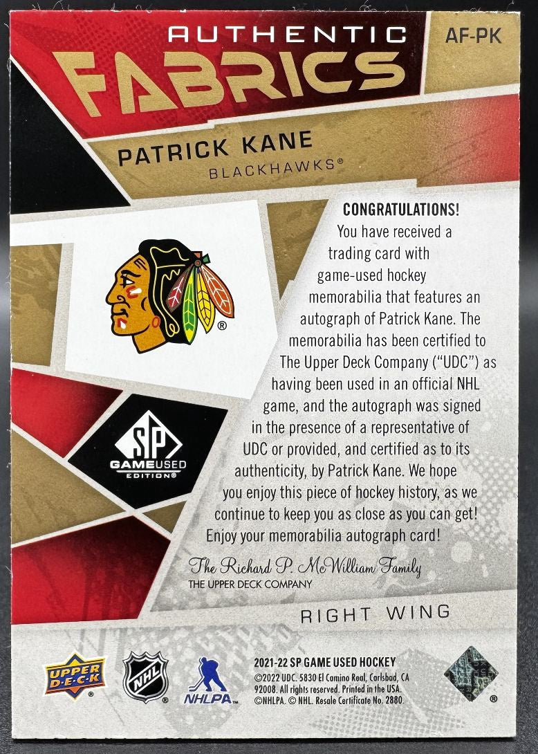 2021-22 Sp Game Used Authentic Fabrics Patrick Kane Auto /25 Jersey