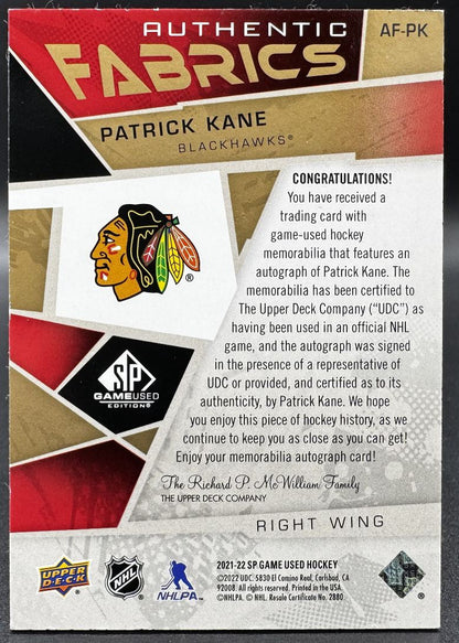 2021-22 Sp Game Used Authentic Fabrics Patrick Kane Auto /25 Jersey