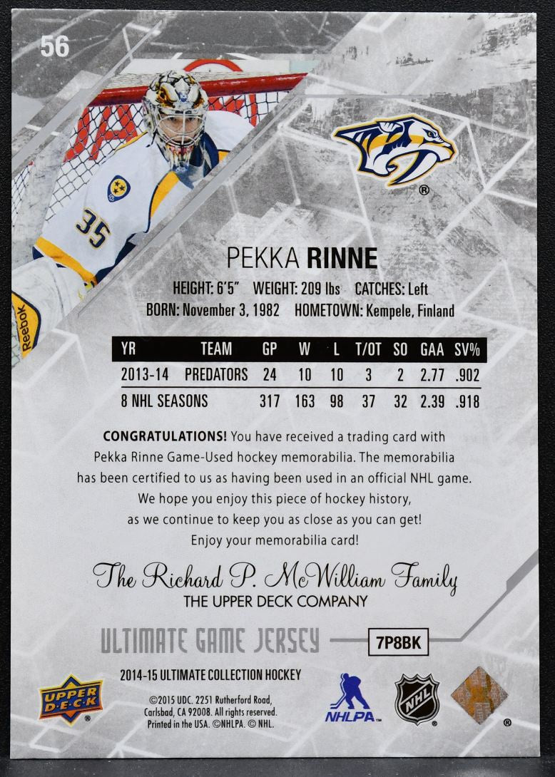 2014-15 UD Ultimate Collection Jersey Pekka Rinne 56 Predators 64/99 Jersey 0819
