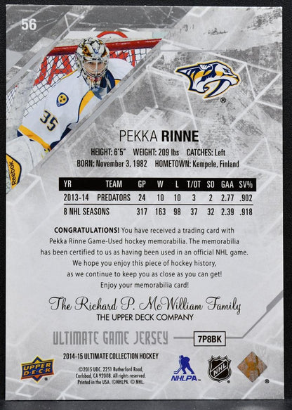 2014-15 UD Ultimate Collection Jersey Pekka Rinne 56 Predators 64/99 Jersey 0819