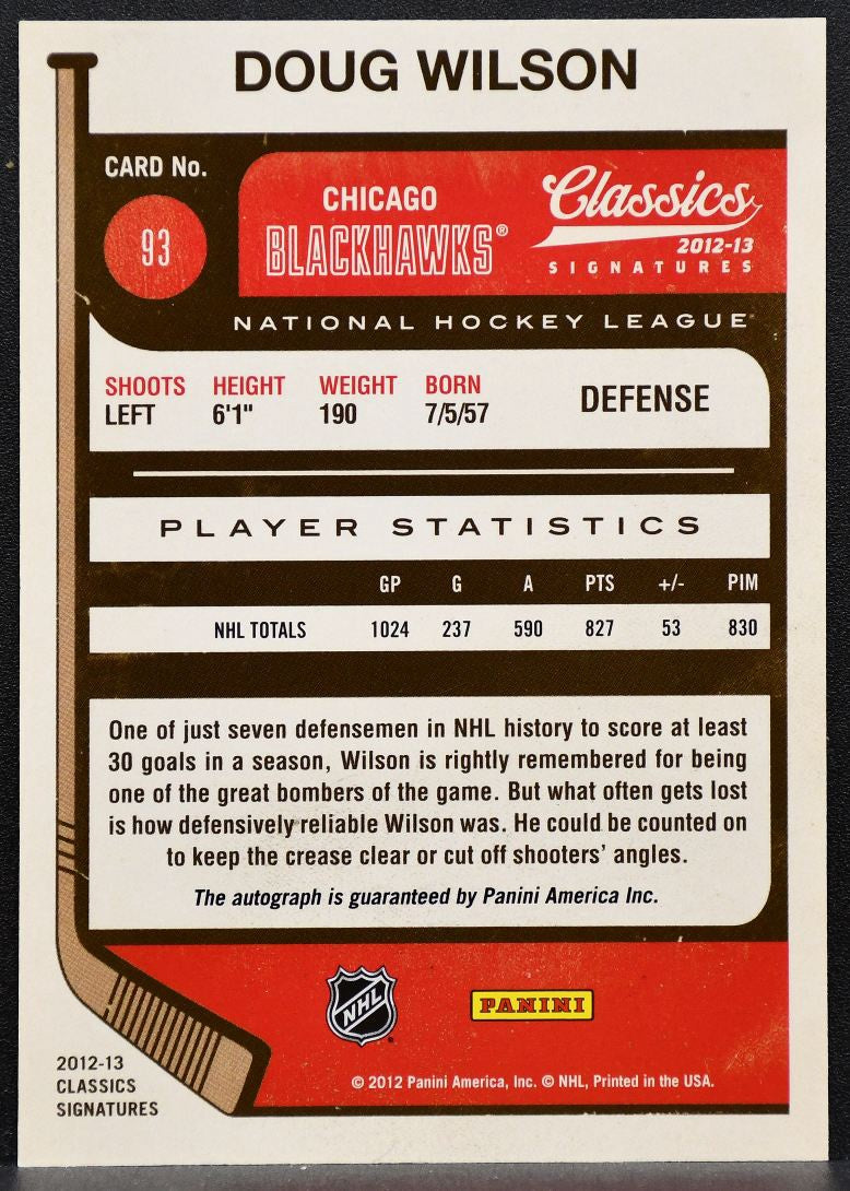 2012-13 Panini Classics Signatures Autographs Doug Wilson Blackhawks Auto 9534