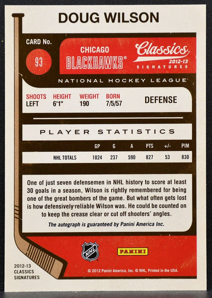 2012-13 Panini Classics Signatures Autographs Doug Wilson Blackhawks Auto 9534