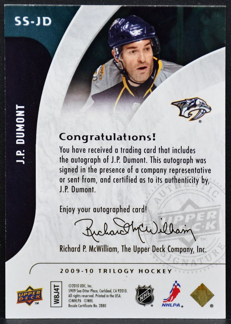 2009-10 UD Trilogy Super Star Scripts J.P. Dumont AF-JD Predators Auto 1776