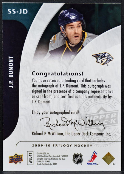 2009-10 UD Trilogy Super Star Scripts J.P. Dumont AF-JD Predators Auto 1776