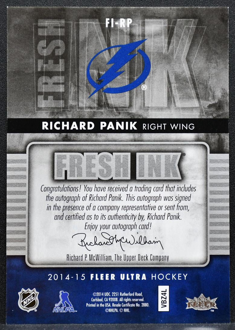 2014-15 Fleer Ultra Fresh Ink Richard Panik FI-RP Tampa Bay Lightning Auto 8834