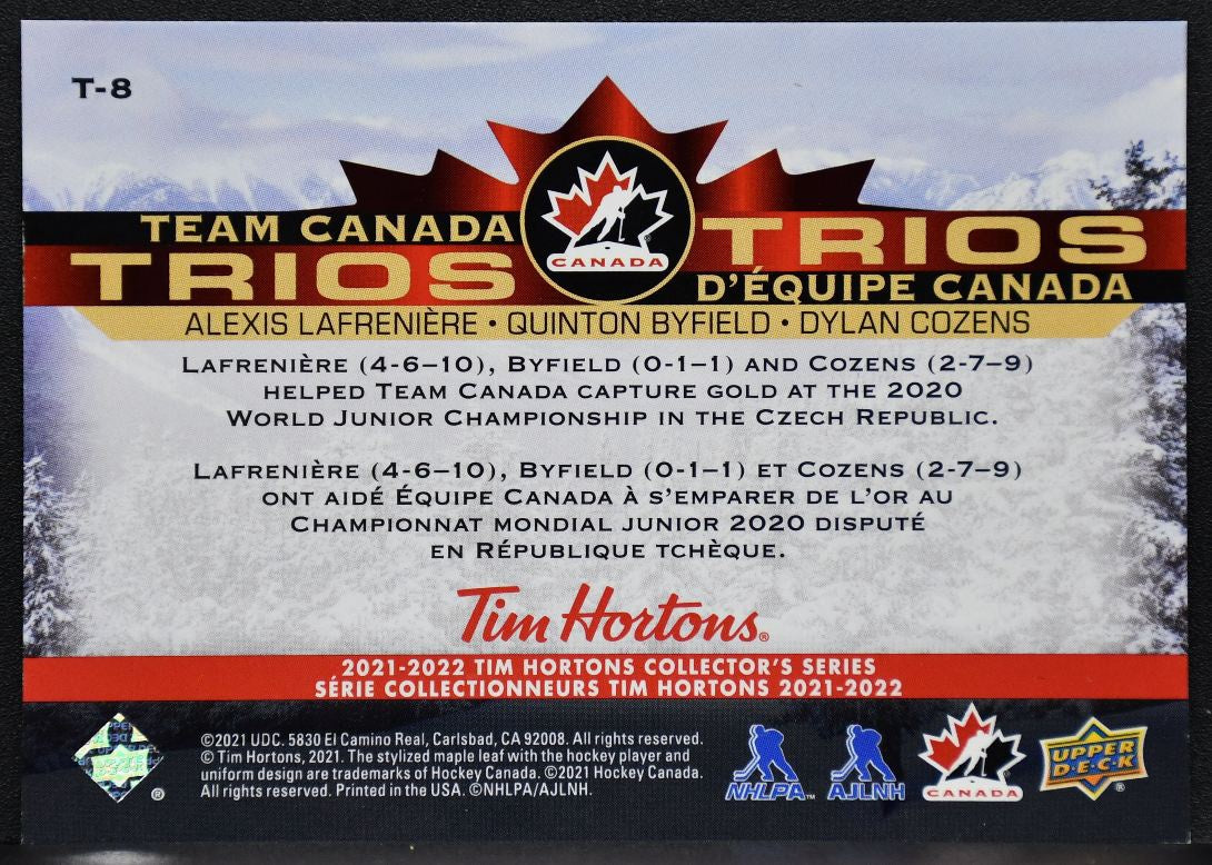 21-22 UD Tim Hortons Team Canada Trios Lafreniere/Byfield/Cozens T-8 Canada 4862