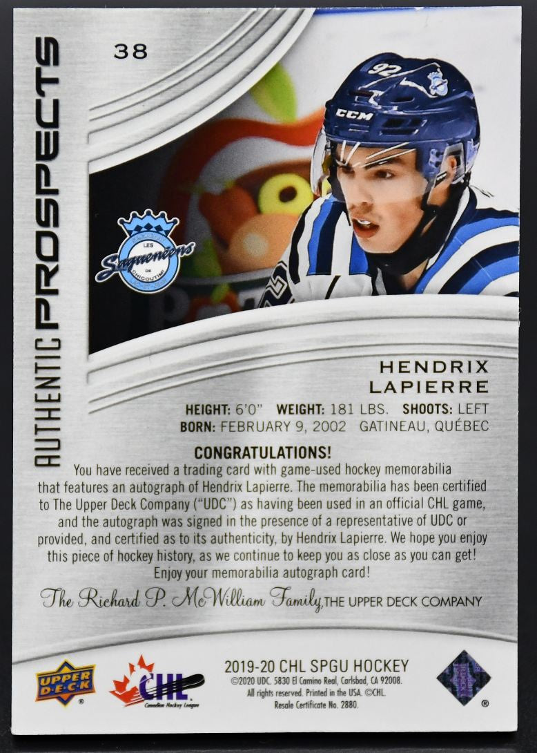 2019-20 Game Used CHL Authentic Prospects Lapierre 38 Sagueneens Auto /90 Patch