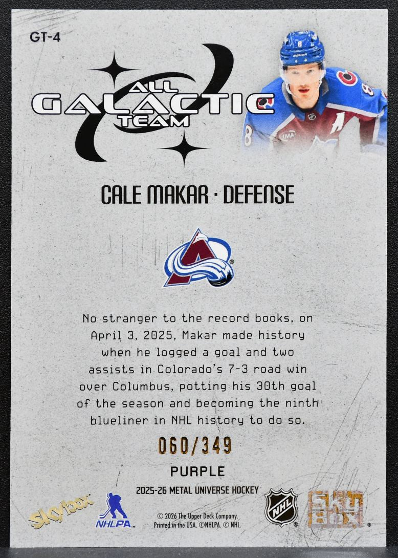 2025-26 SkyBox Metal Universe All Galactic Team Purple Cale Makar Avalanche 9690