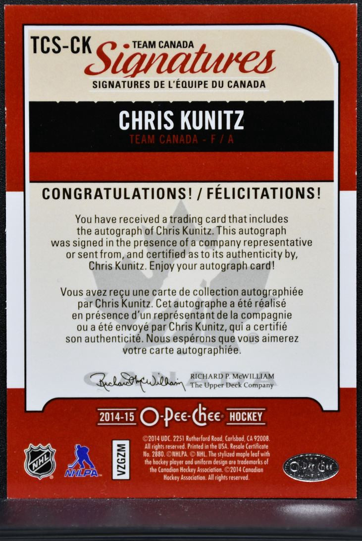 2014-15 O-Pee-Chee Team Canada Signatures Chris Kunitz TCS-CK Auto 6683