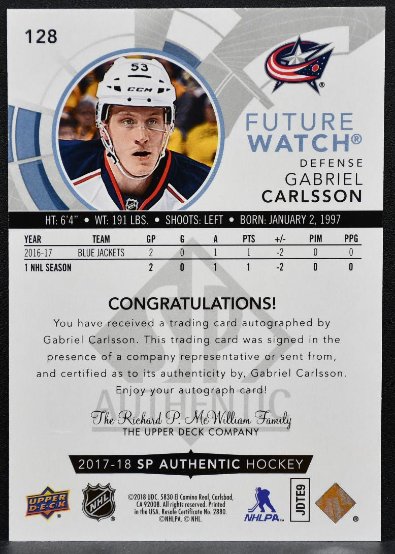 2017-18 SP Authentic Future Watch Auto Gabriel Carlsson RC Auto 965/999 1483
