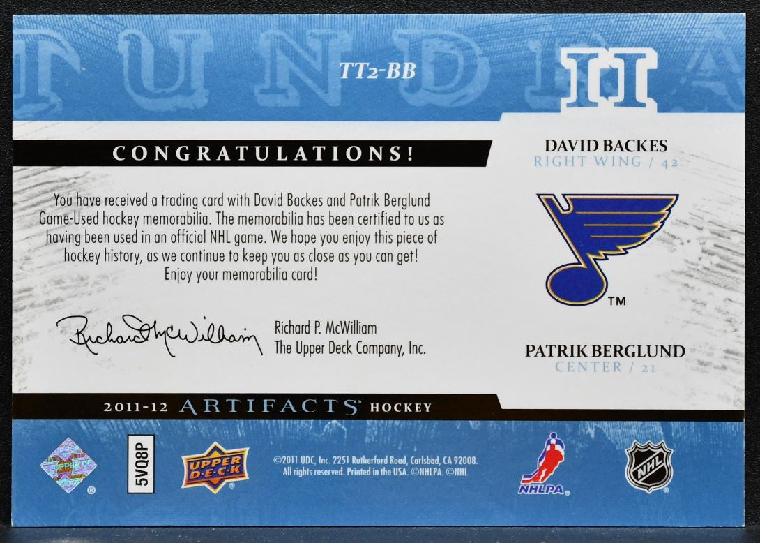 2011-12 UD Artifacts Tundra Tandemss Blue Backes/Berglund Jersey 0741