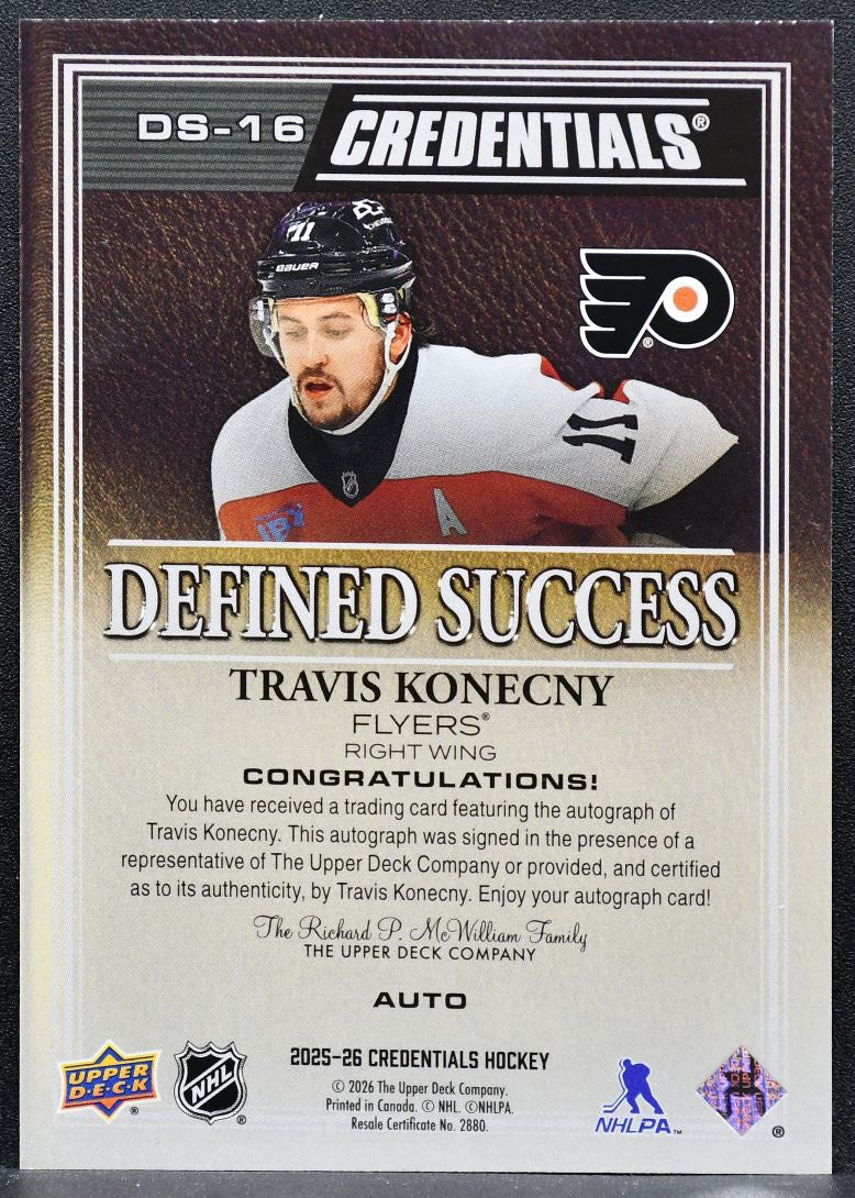2025-26 UD Credentials Defined Success Travis Konecny DS-16 Flyers Auto 7450