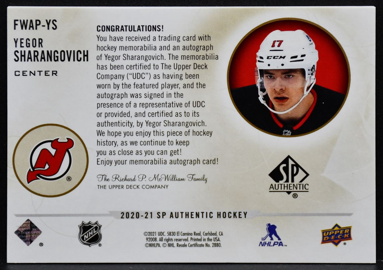 2020-21 SP Authentic Limited Auto Patch Future Watch Yegor Sharangovich FWAP 100
