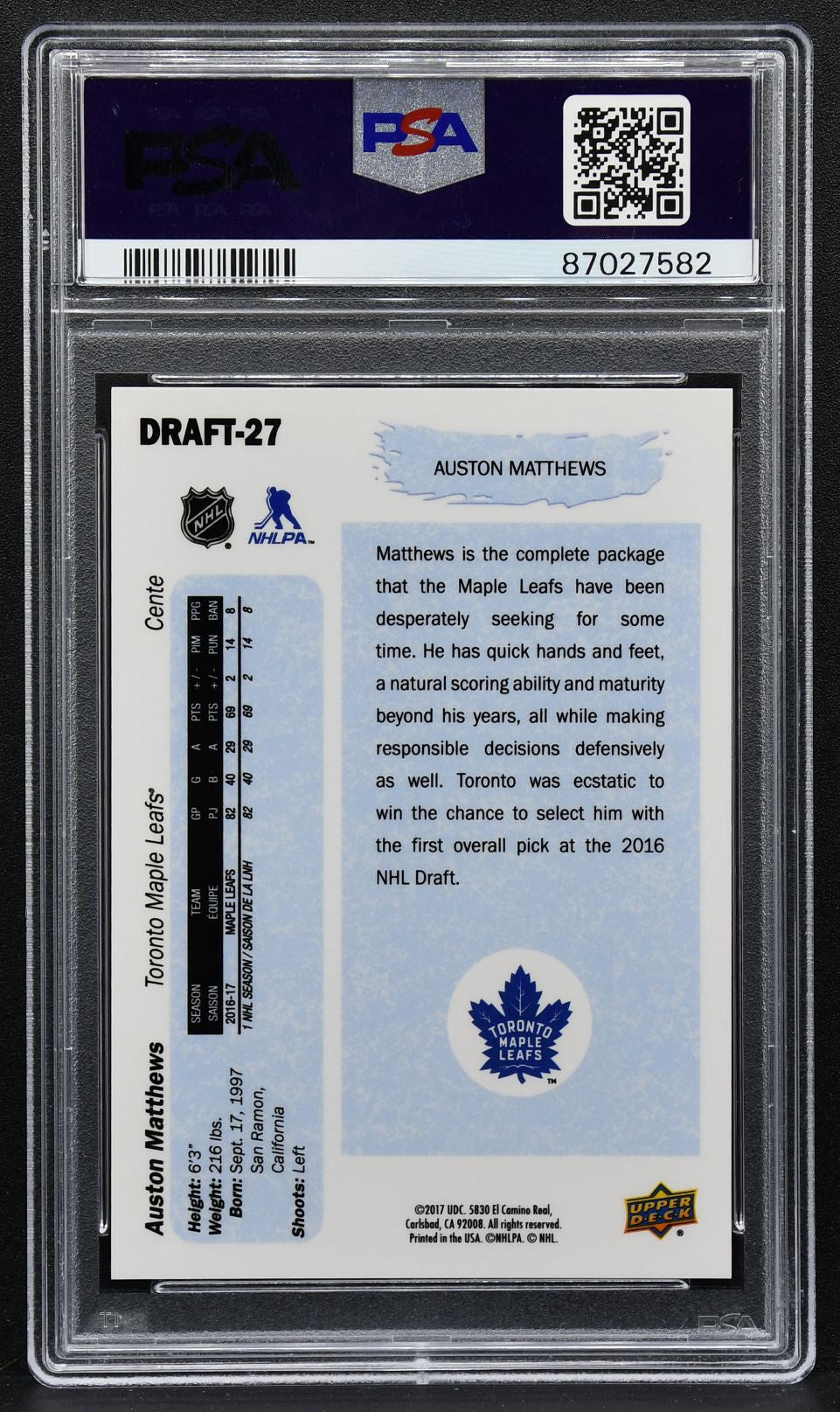 2017-18 Upper Deck Top Draft Pick Auston Matthews DRAFT-27 2538