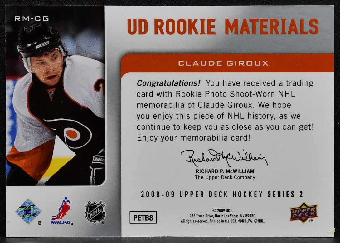 2008-09 Upper Deck Series 2 Rookie Materials Claude Giroux RM-CG RC Jersey 9378