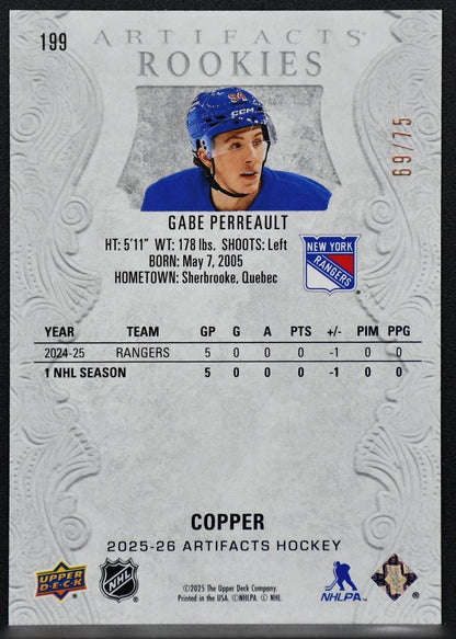 2025-26 Upper Deck Artifacts Copper Gabe Perreault 199 New York Rangers RC 69/75 4725