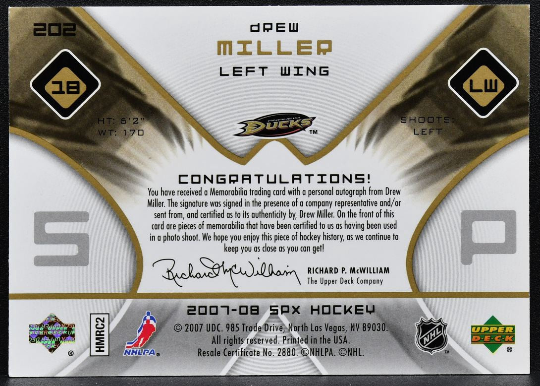 2007-08 SPx Rookie Auto Jersey Drew Miller 202 Auto 688/999 Jersey 0374