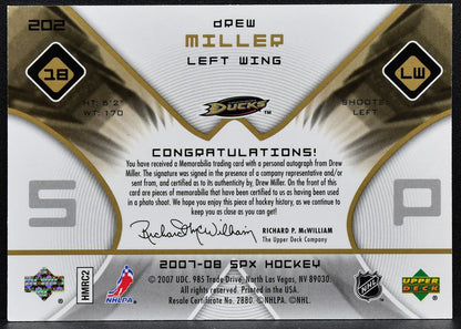 2007-08 SPx Rookie Auto Jersey Drew Miller 202 Auto 688/999 Jersey 0374