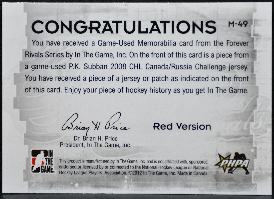 2012-13 ITG Forever Rivals Series Red Jersey P.K. Subban Canadiens Jersey 9317