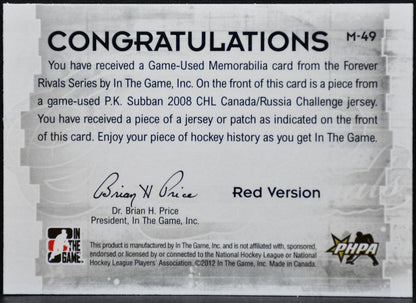 2012-13 ITG Forever Rivals Series Red Jersey P.K. Subban Canadiens Jersey 9317
