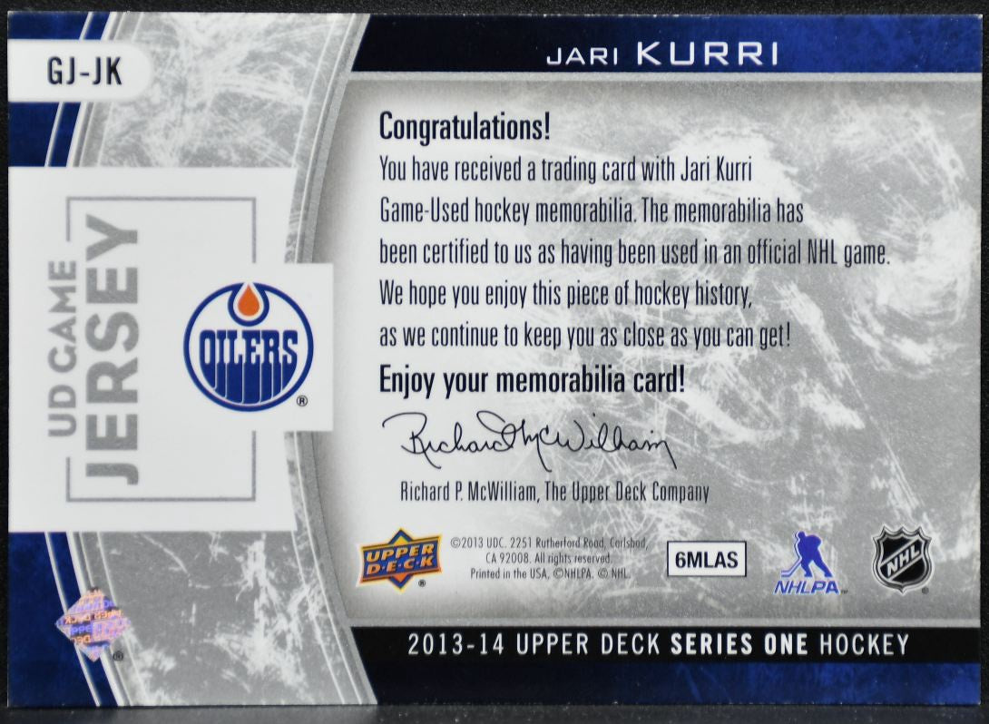 2013-14 Upper Deck Series 1 UD Game Jerseys Jari Kurri GJ-JK Oilers Jersey 2027