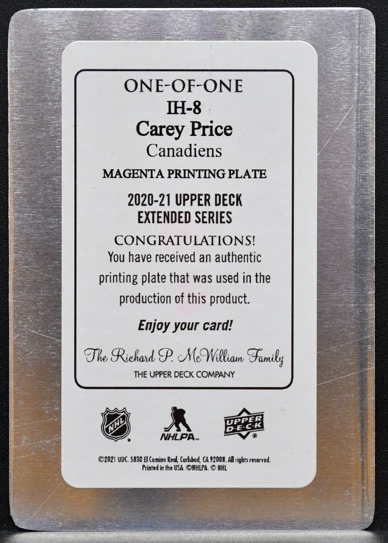 2020-21 UD Extended Series Magenta Printing Plate Carey Price Canadiens 1/1 8433