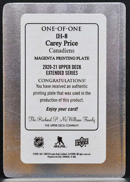 2020-21 UD Extended Series Magenta Printing Plate Carey Price Canadiens 1/1 8433