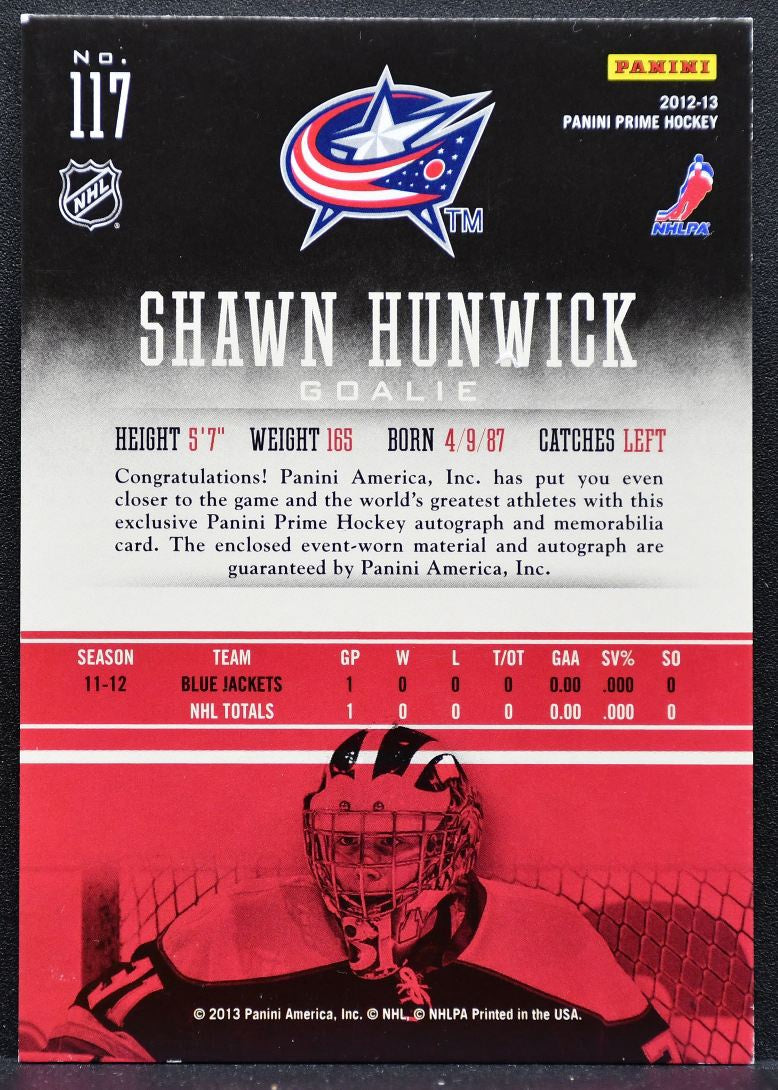 2012-13 Panini Prime Rookies Auto Shawn Hunwick Blue Jackets RC Auto Jersey 0385