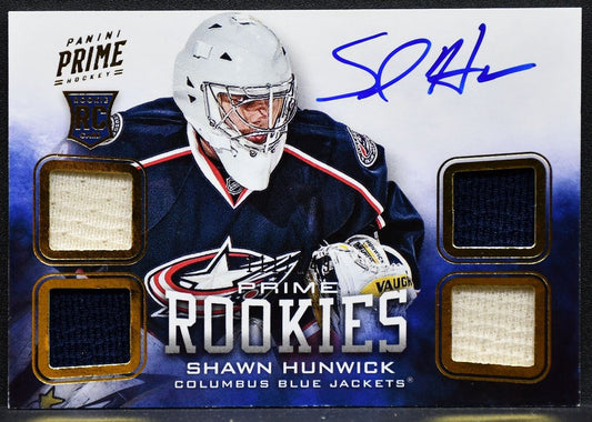 2012-13 Panini Prime Rookies Auto Shawn Hunwick Blue Jackets RC Auto Jersey 0385
