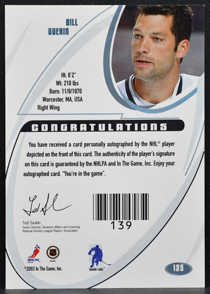 2002-03 In The Game Signature Series Bill Guerin 125 Dallas Stars Auto 5883