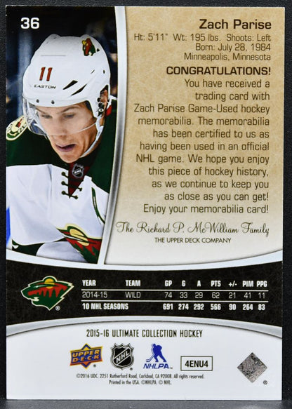 2015-16 Upper Deck Ultimate Collection Zach Parise 36 Wild 146/199 Jersey 1825