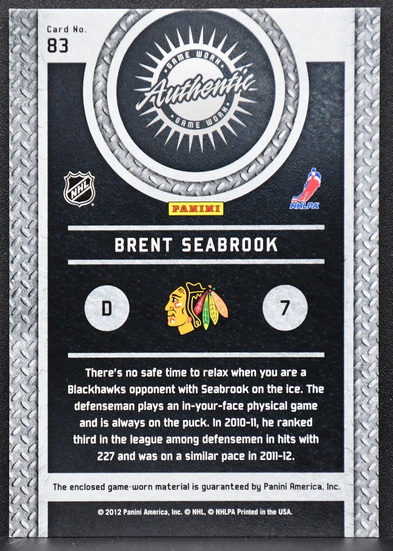 2011-12 Panini Titanium Game Worn Gear Prime Brent Seabrook Blackhawks /50 Patch 4541