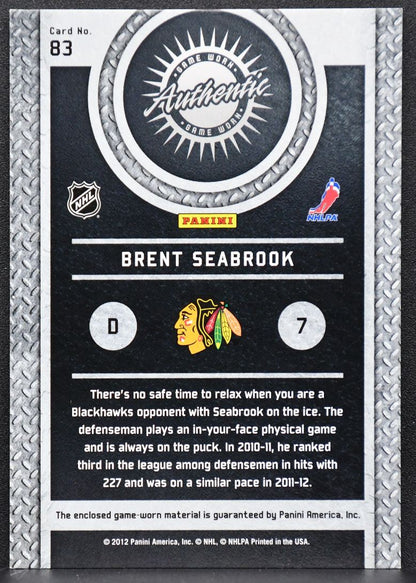 2011-12 Panini Titanium Game Worn Gear Prime Brent Seabrook Blackhawks /50 Patch 4541