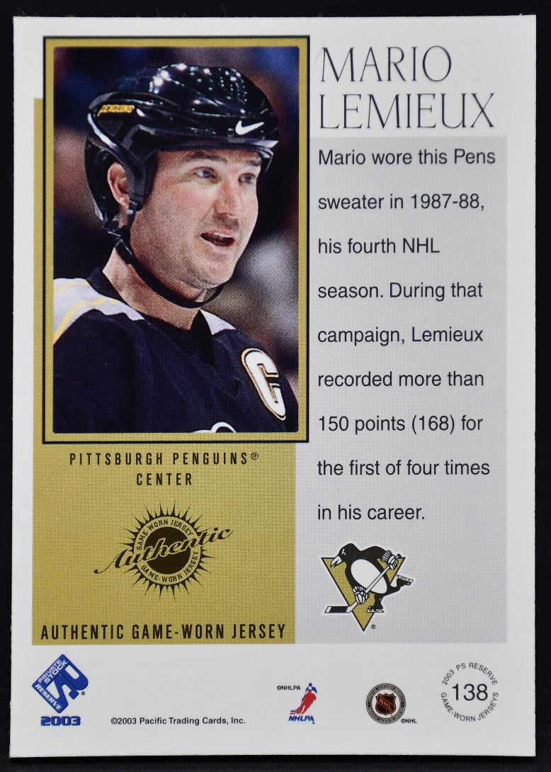 2002-03 Private Stock Reserve Authentic Game-Worn Jersey Lemieux 138 436/531