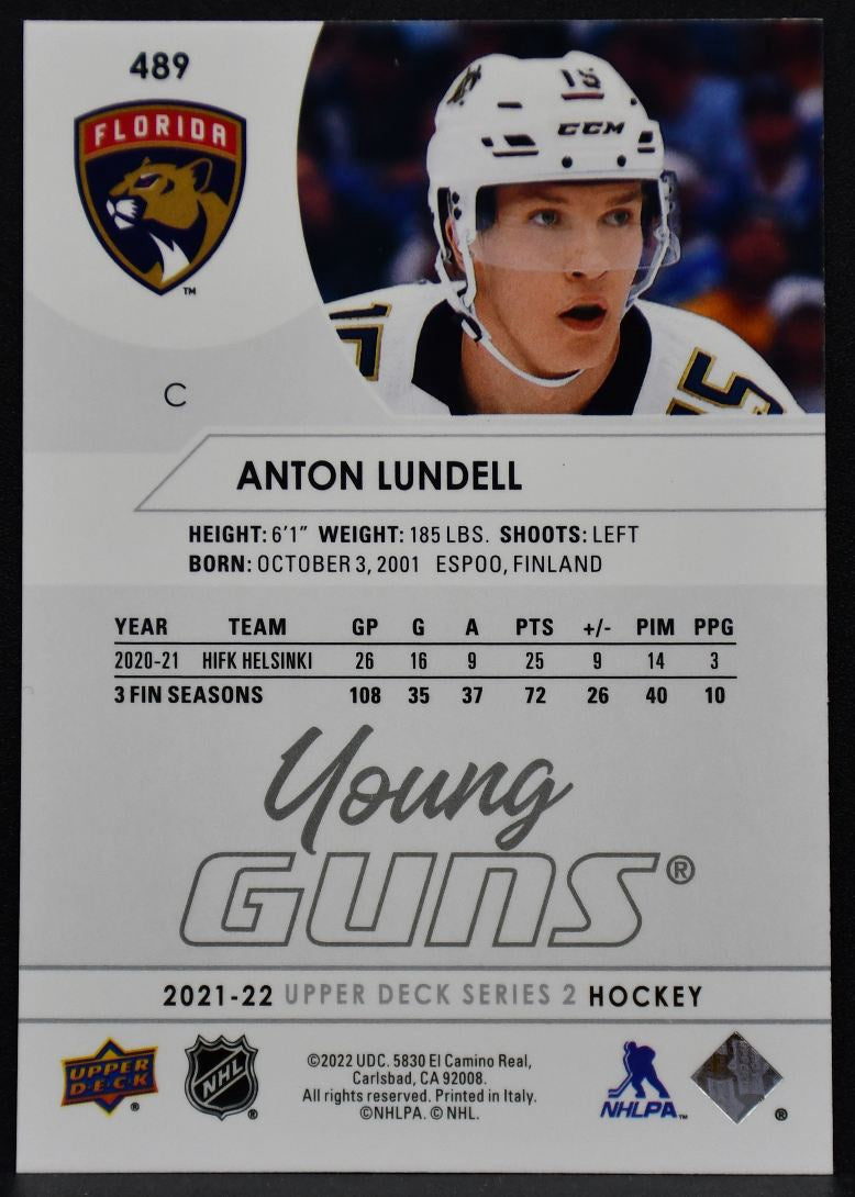 2021-22 Upper Deck Series 2 Young Guns Anton Lundell 489 Florida Panthers RC 3841