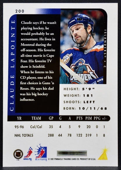1996-97 Pinnacle Be a Player Autographs Claude Lapointe 200 Islanders Auto 9130