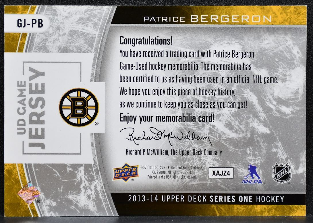 2009-10 Upper Deck Series 1 UD Game Jersey Patrice Bergeron Bruins Jersey 7943