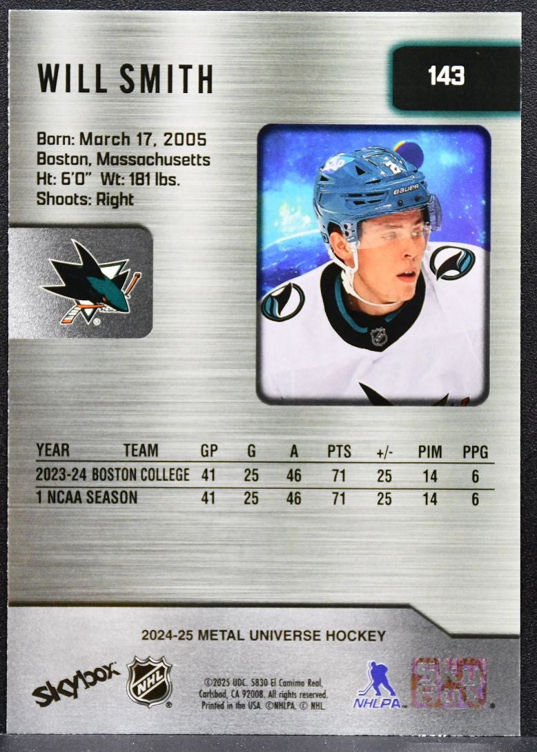 2024-25 SkyBox Metal Universe Rookie Will Smith 143 San Jose Sharks RC 4308