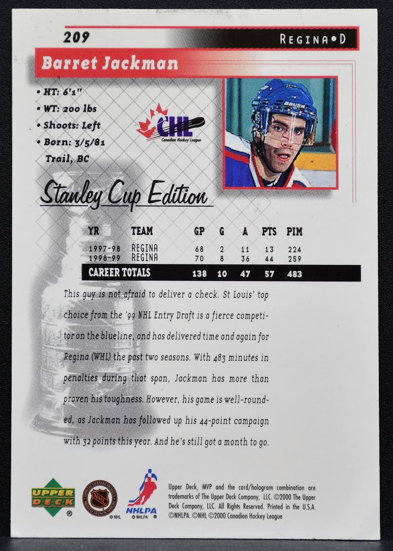 1999-100 UD MVP Stanley Cup CHL Prospects Barret Jackman Regina Pats Auto 9039