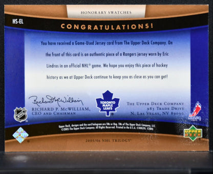 2005-06 UD Trilogy Honorary Swatches Eric Lindros HS-EL Maple Leafs Jersey 3162