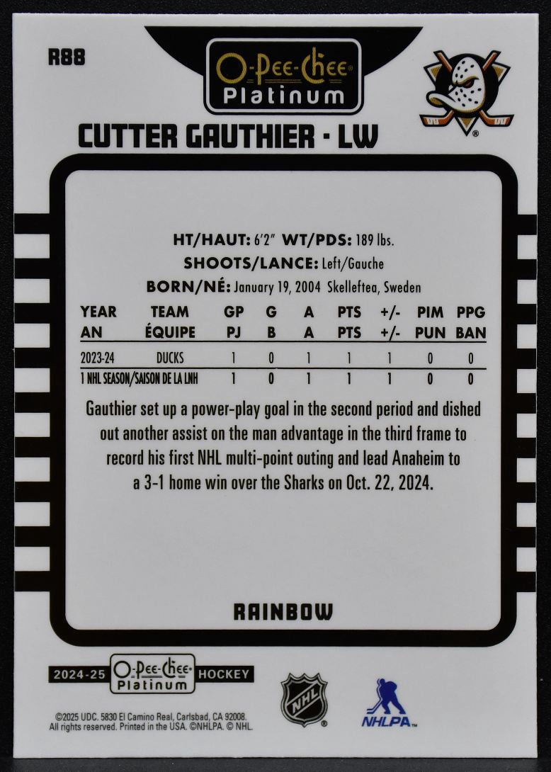 2024-25 OPC Platinum Retro Rookie Rainbow Cutter Gauthier R88 Ducks RC 7044