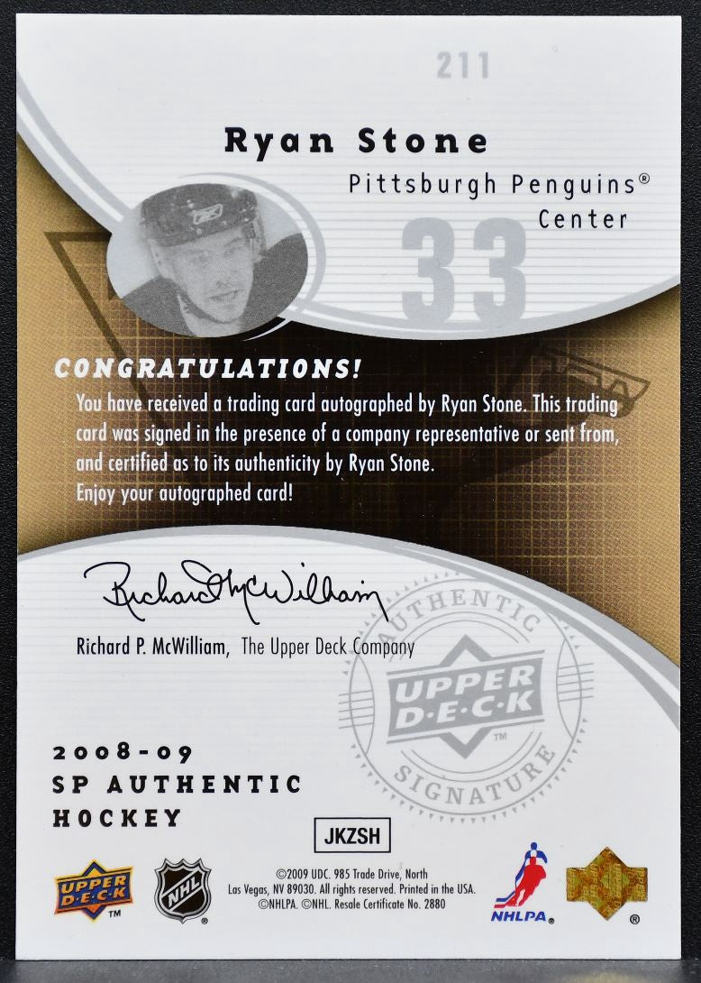 2008-09 SP Authentic Future Watch Auto Ryan Stone Penguins RC Auto 869/999 9183