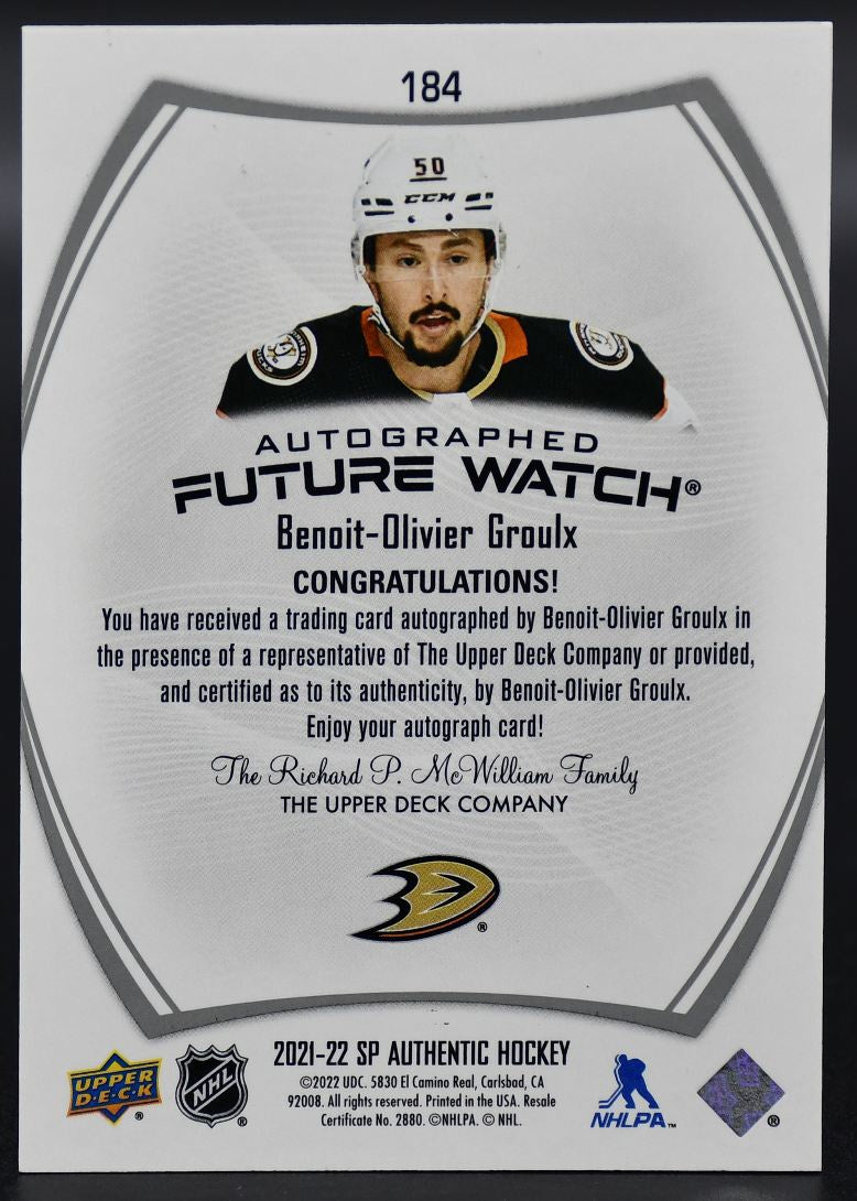 2021-22 SP Authentic Benoit-Olivier Groulx 184 Anaheim Ducks RC Auto 045/999