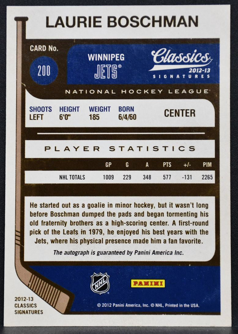 2012-13 Panini Classics Auto Auto Laurie Boschman 200 Winnipeg Jets Auto 0072