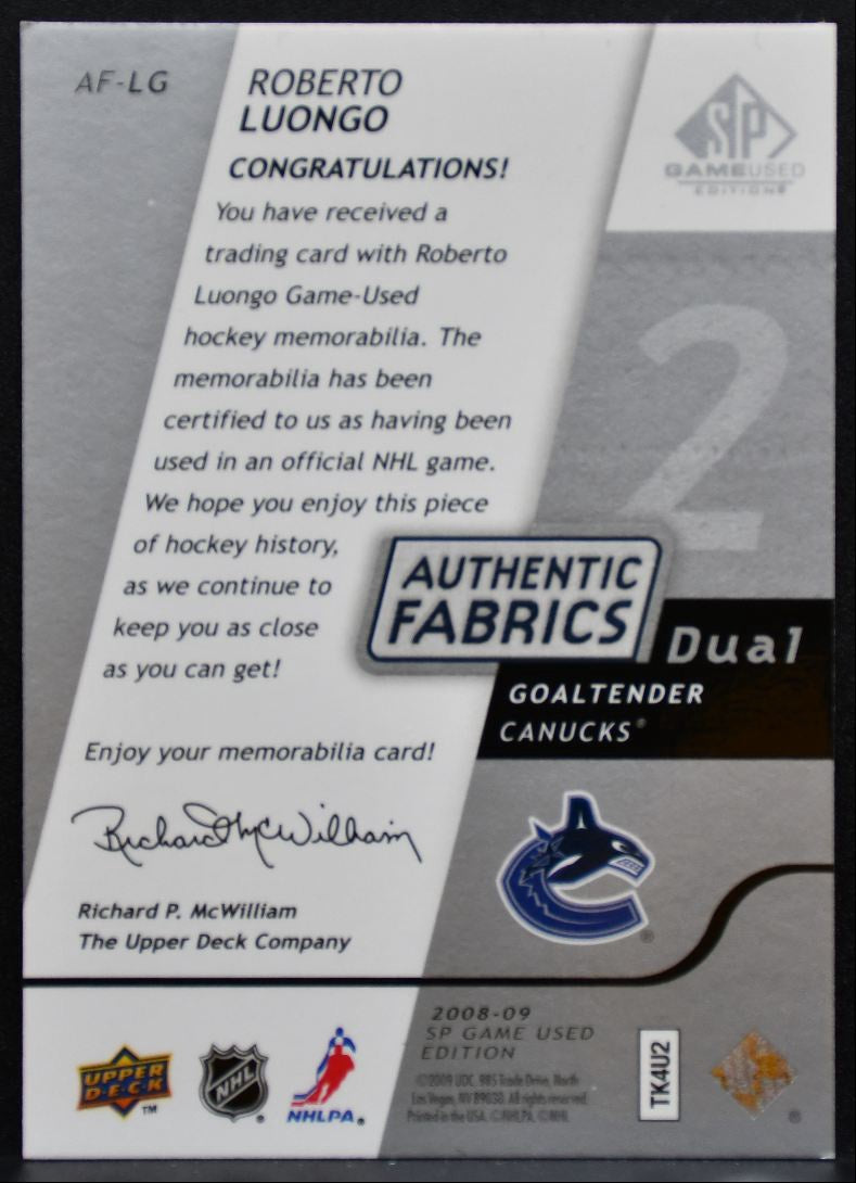 2008-09 SP Game Used Authentic Fabrics Dual Roberto Luongo Canucks Jersey 5494