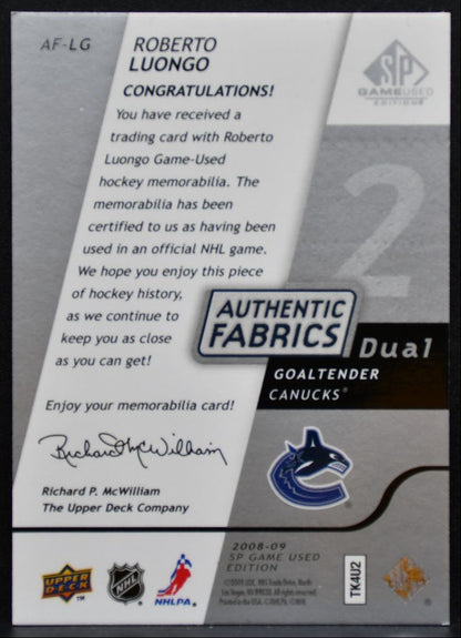 2008-09 SP Game Used Authentic Fabrics Dual Roberto Luongo Canucks Jersey 5494