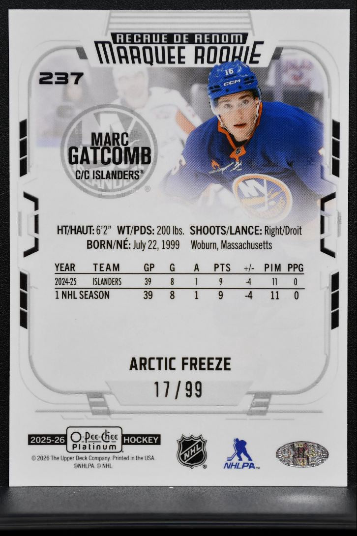 2025-26 O Pee Chee Platinum Marquee Rookie Arctic Freeze Gatcomb RC 17/99 4397