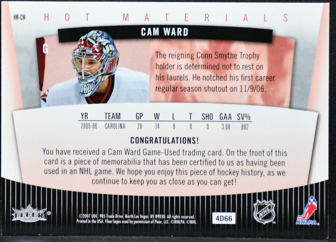 2007-08 Fleer Hot Prospects Materials Cam Ward HM-CW Hurricanes Jersey 1441
